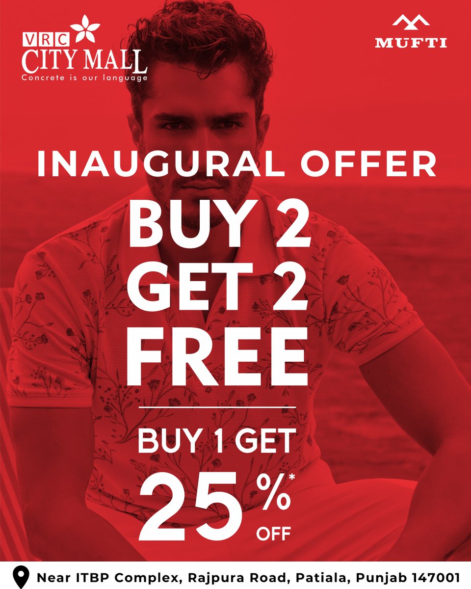 vrccitymall's tweet photo. Get ready to revamp your closet with the unbeatable sale at VRC City Mall on Mufti.

Buy 2 get 2 free!!
Buy 1 get 25%off!!

So, what are you waiting for?
Go and grab the offer Now!!

#mufti #FashionDeal #ShopTillYouDrop #VRCityMall #Buy2Get2Free #SavingsOnStyle #UnbeatableOffer https://t.co/sjTlZ9gaz8