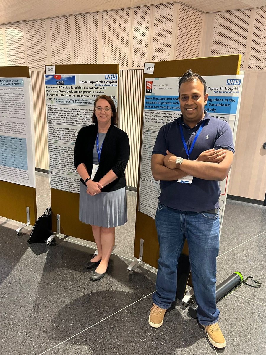 Duelling abstracts (Cardiology vs Respiratory!) with @lynne_w12 at the world sarcoid conference in Stockholm showcasing fantastic research @RoyalPapworth with collaborators around the world @wasog2023 @RoyalPapRes and research sponsors @StopSarcoidosis @lunguk #CASPA #PAPLAND