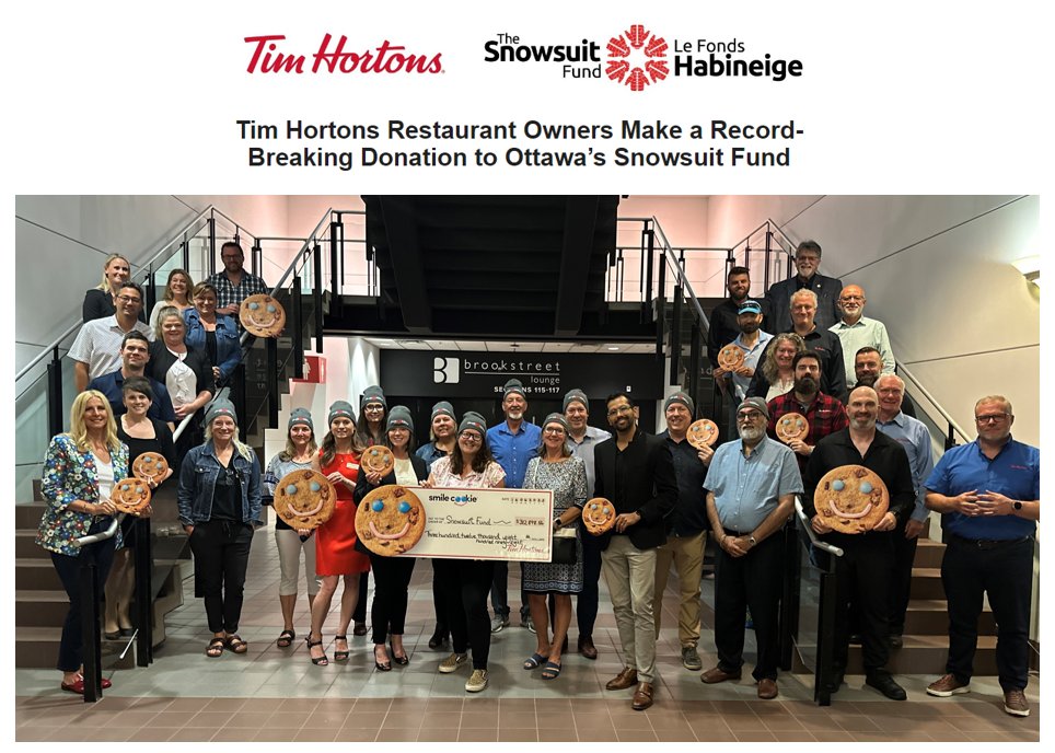 SnowsuitFund's tweet photo. โค๏ธ๐1st-ever Springtime @TimHortons #SmileCookie Campaign in support of @SnowsuitFund raised $312,899. Every $$ funds the purchase of #snowsuits for kids 15 years and younger from low-income Ott families.
@trinafraser @LiseClement3 @sahaalolo @NirmansLaw
@iamamandayoung https://t.co/27kEqeldNE