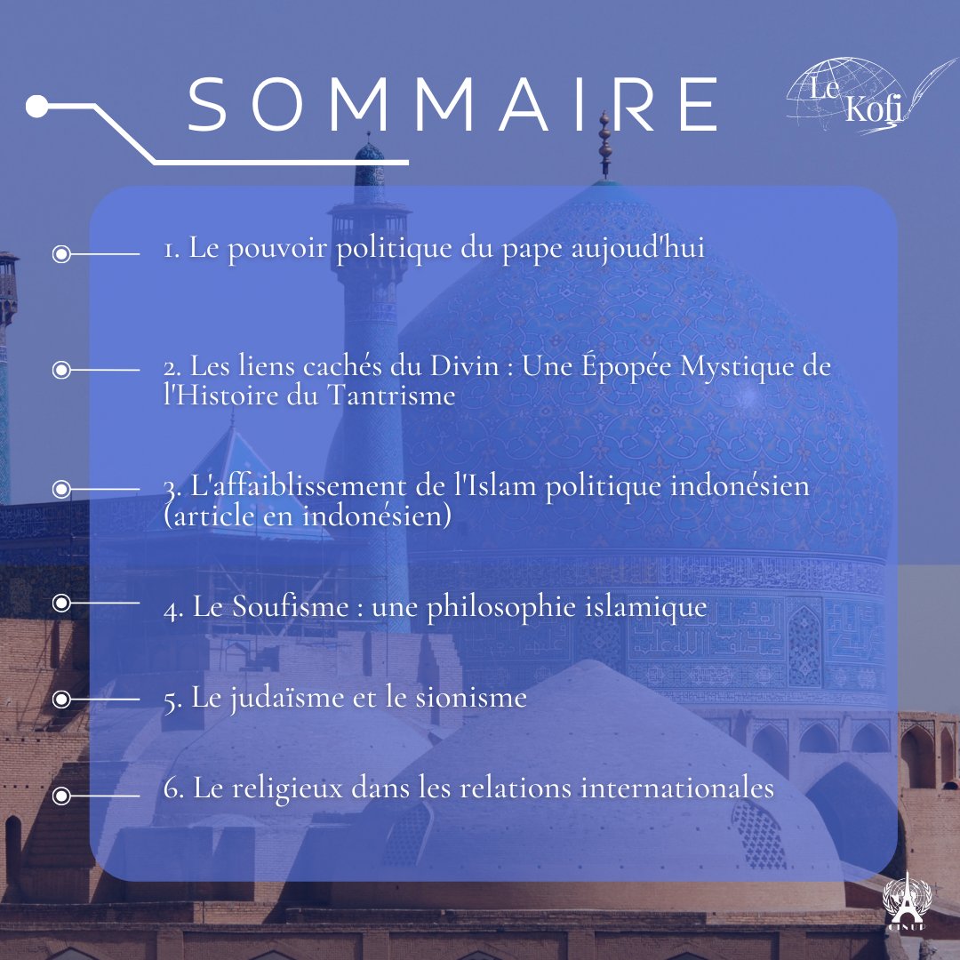 CinupParis's tweet photo. #CINUPresse🗞️📷Le CINUP - Comité Interuniversitaire des Nations Unies de Paris vous présente le 41e numéro de son magazine le 𝘒𝘰𝘧𝘪, à destination des étudiants et des cercles diplomatiques. Cette semaine, focus sur la géopolitique des religions ! 

📷https://t.co/v2xN7eZNMJ https://t.co/z1FpVn8E40