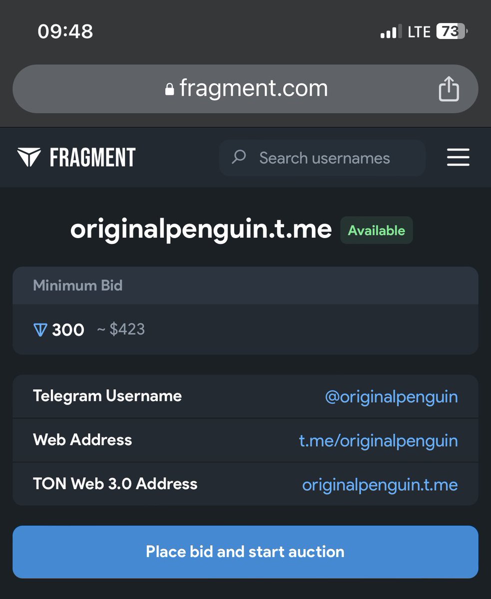 Username available on auction @OriginalPenguin are you interested?

fragment.com/username/origi…

#telegram #username #web3 #ton #blockchain #valuable #collector #collectible #buyer #crypto #nft #hodl #holding #investment #tonkeeper #tonhub #Bitcoin