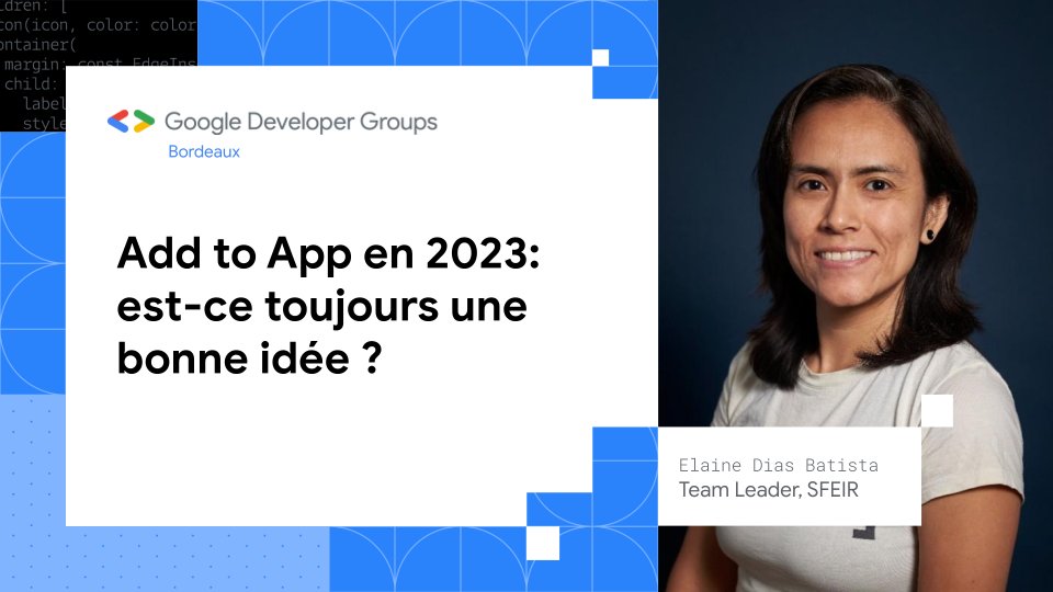 📱 Ne manquez pas la conférence d' <a href="/elainedbatista/">Elaine Dias Batista［Ξ］💙</a>,  <a href="/GoogleDevExpert/">@GoogleDevExpert</a> #Flutter: "Add to App en 2023 : une bonne idée ?".
Inscrivez-vous dès maintenant sur gdg.community.dev/e/mpvcaw pour rejoindre l'événement.