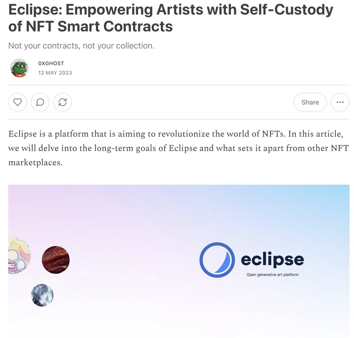 Eclipse sets itself apart with its focus on providing smart contract (SC) ownership. 

- Full ownership of SC
- Control of fee + price structure
- Ability to host your own mint page + collection

Not your contracts not your collection:
eclipseart.substack.com/p/eclipse-empo…

#generativeart #NFT