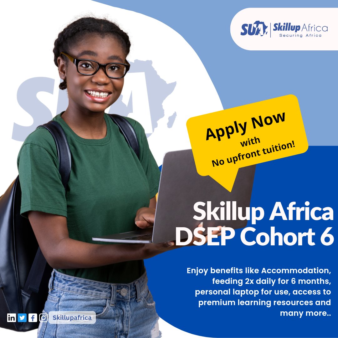 You may delay, but time will not. Time waits for no one, register for Skillup Africa DSEP Cohort 6 now before the opportunity slips! Click the link below to enroll now!
dsep.skillupafrica.com.ng

#skillupafrica #tech #career #cohort