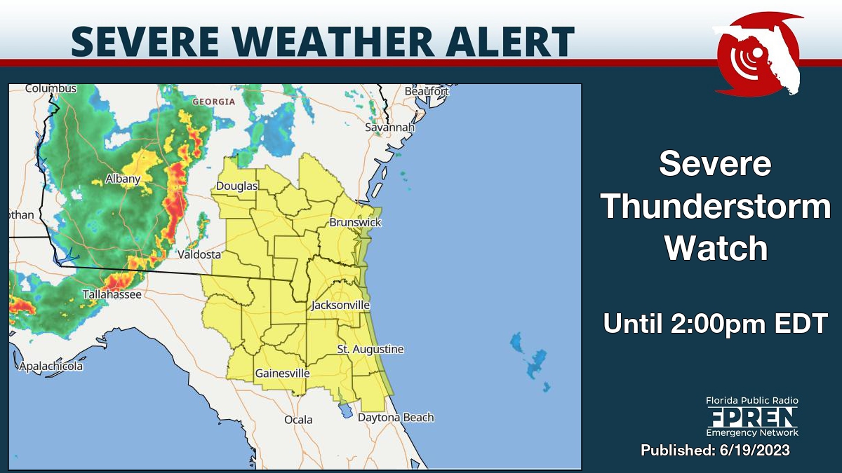 FloridaStorms's tweet photo. Severe Thunderstorm Watch for Alachua, Baker, Bradford, Clay, Columbia, Duval, Flagler, Gilchrist, Hamilton, Nassau, Putnam, St. Johns, Suwannee and Union County until 2:00pm EDT. Details on the Florida Storms app. #flwx https://t.co/dwtOOaZvwY