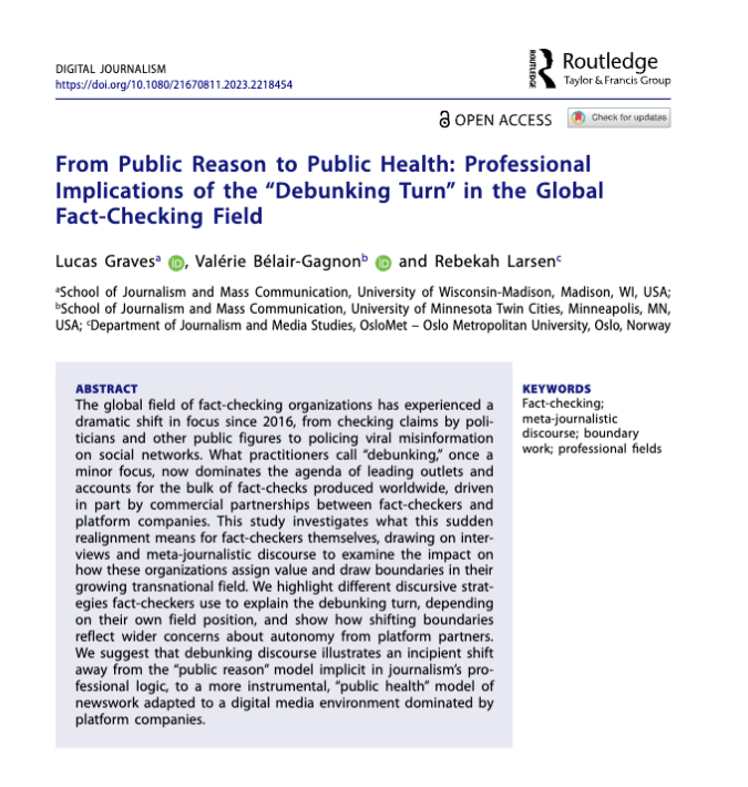 ONLINE FIRST AND OPEN ACCESS! Authors @gravesmatter, @journoscholar + @bekahbeks find fact-checking operations have moved to “debunking” misinformation. In response, fact-checkers have migrated into a 'public health' model of protecting news audiences. tandfonline.com/doi/full/10.10…