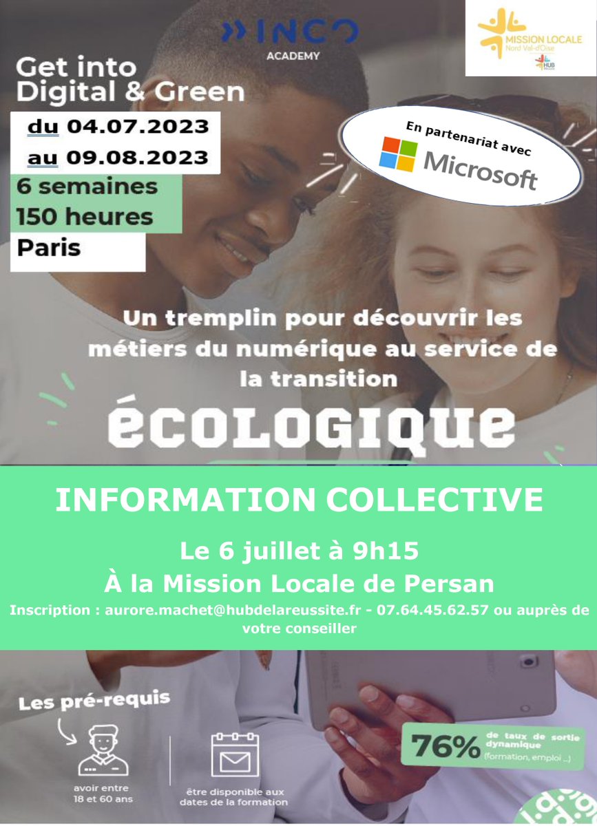 MLNord95's tweet photo. 💻 Formation « Découverte des métiers du numérique au service de la transition écologique » avec #INCOAcademy France 
N'hésitez pas à participer à l'information collective ! On répondra à toutes vos questions !
📆 le 06 juillet à 9h15

https://t.co/oDzdCe1QdE https://t.co/PTeTJLKpWx