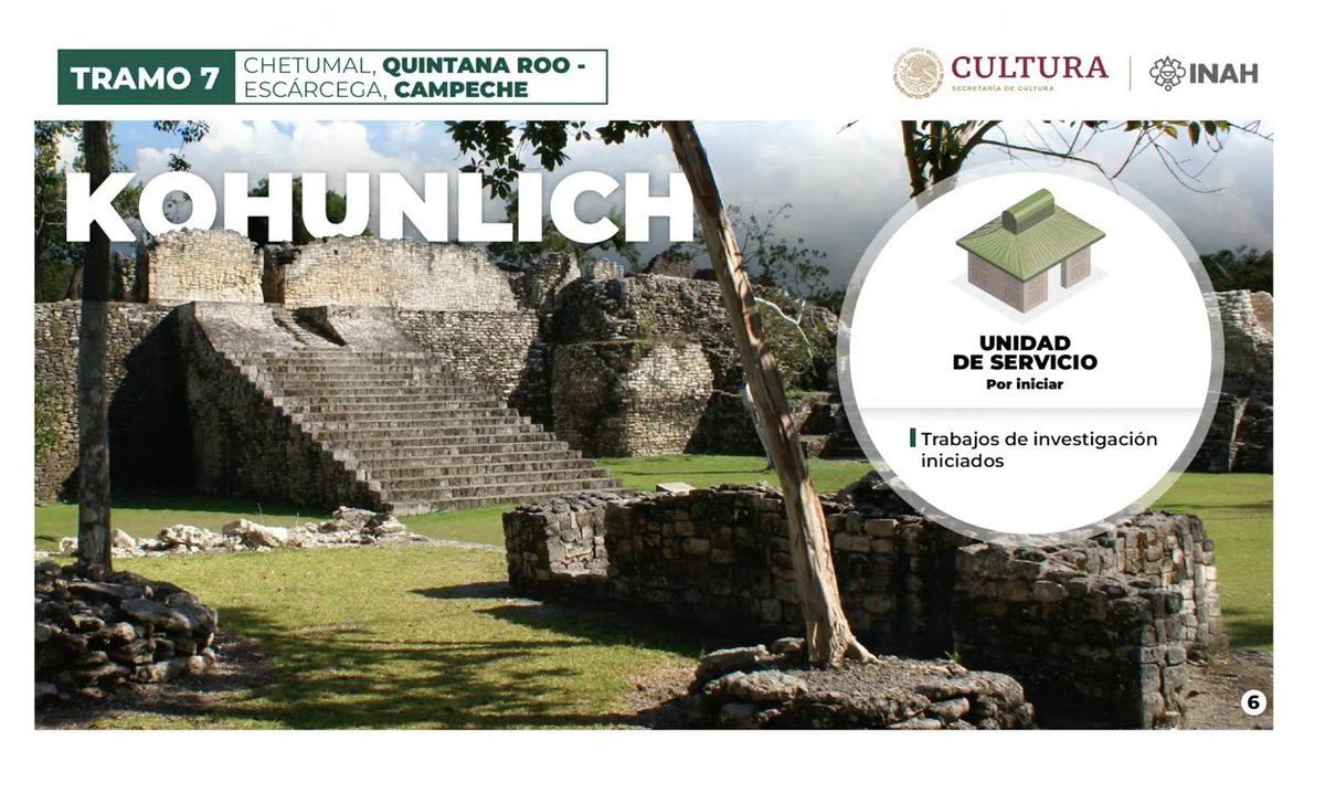 canalcatorcemx's tweet photo. #ConferenciaPresidente | Programa de Mejoramiento de Zonas Arqueológicas, #Tramo7 del #TrenMaya
➡️Kohunlich: Ya se iniciaron los trabajos de investigación y se construirá una "unidad de servicios"
➡️Calakmul:
Estructura de la pequeña y gran acrópolis: 5%
Museo de sitio: 7%
Señalética: 10%