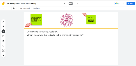 saralizabaumann's tweet photo. The entire #VisualizingLoss study has been conducted remotely. To involve participants in the planning process, we created a #Jamboard where participants could share their preferences and ideas on different aspects of the #research #dissemination event. #communityengagement #CBPR https://t.co/DtpKbq4ovb