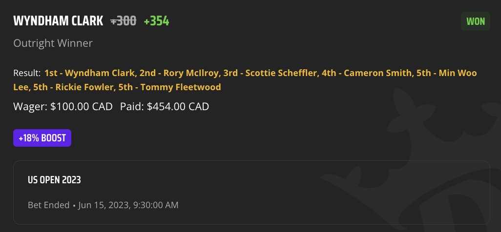 BANG from yesterday 💥⛳️🏌🏻‍♂️

$100 ➡️ $454 on Wyndham Clark✅💰

whop.com/lockcity <-- for more

#GamblingTwitter #sportsbetting #sportsbettingtwitter #golf #golftwitter #usopen #winner #fanduel #draftkings #bet365 #betano #bovada #prizepicks #underdog #stake #golfbets…