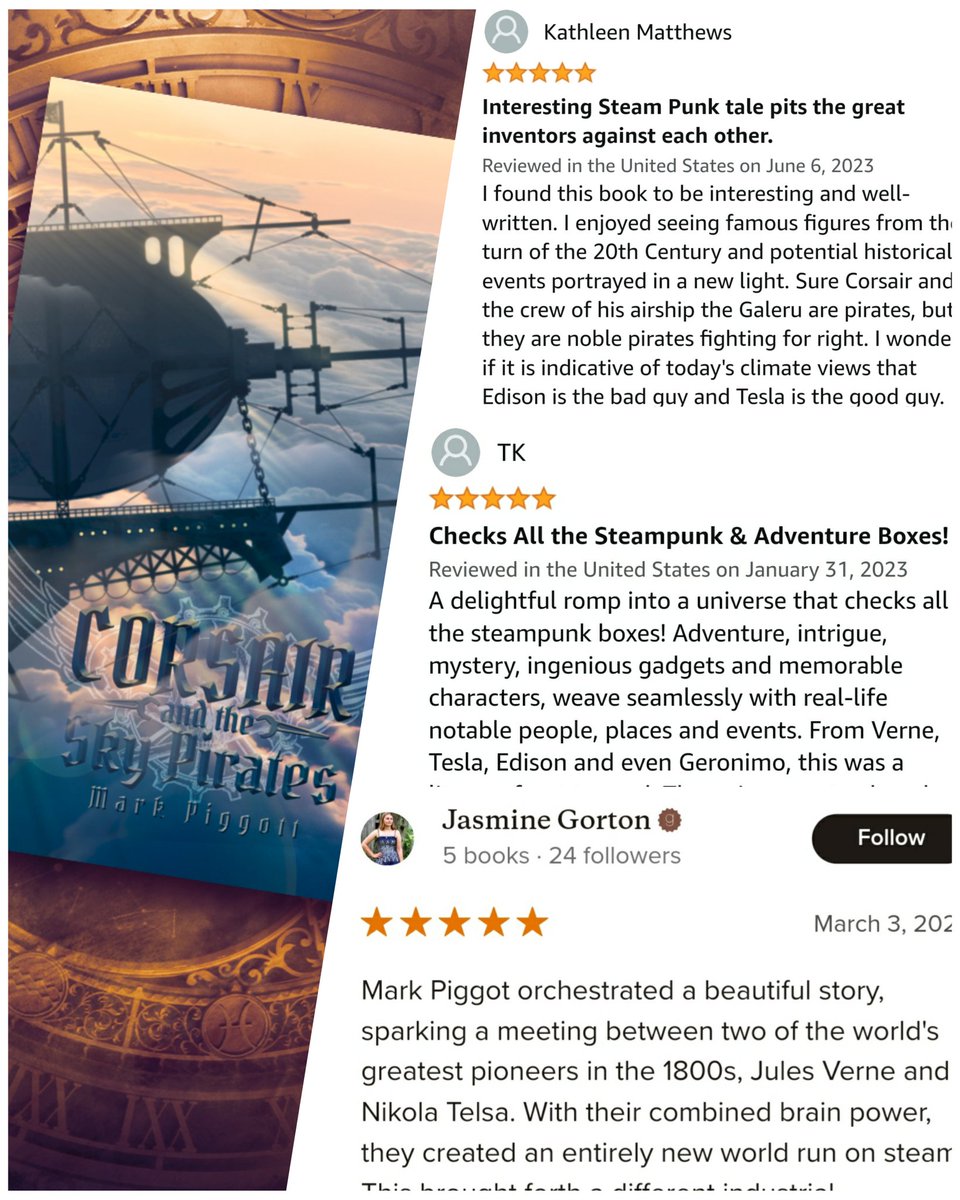 @annasteenwriter New #bookreview from @publishersweekly #BookLife and @voraciousreadersonly for the #steampunk #historicalfiction CORSAIR AND THE SKY PIRATES from award-winning #IndieAuthor Mark Piggott and @CuriousCorvidPublishing! 

'Famous figures from the turn of the 20th Century and…