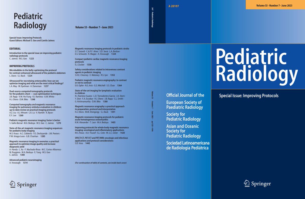 <a href="/PedRadJournal/">Pediatric Radiology</a> <a href="/Camilojaimesc/">Camilo Jaimes</a> Special Issue: Improving Protocols.
Table of contents for your perusal.