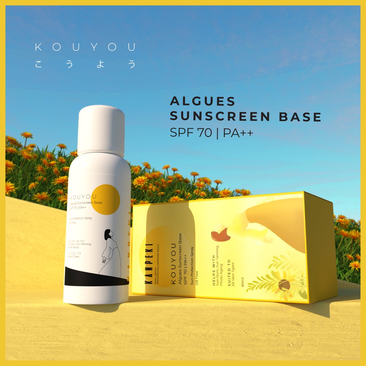 Introducing the All-New Kouyou Algues Sunscreen Base, so you Shine With The Sun. 

Oil Free | Sun Protection Spray

Reduces
-Sun Burn
-Tanning
-Photoaging
.
Buy Now- kanpekiskin.com/products/kouyo…
.
#kanpeki #kouyou #skincare #summerskincare #sunscreen #newproducts #SPF70 #OilFree