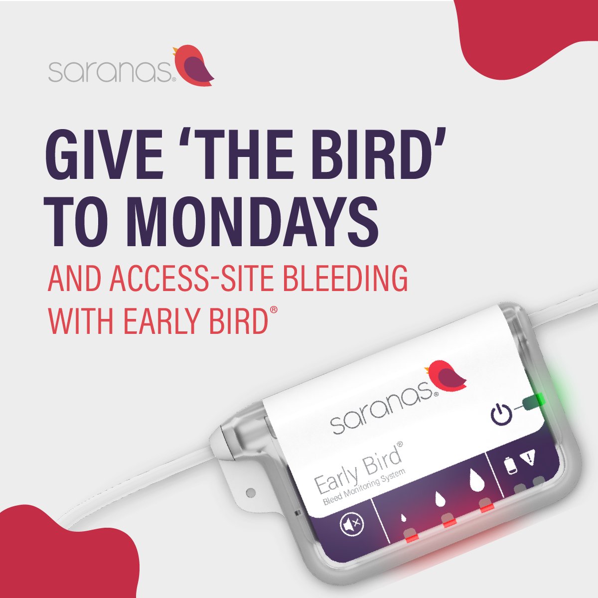 Give ‘The Bird’ to Mondays and access-site bleeding with the Early Bird® Bleed Monitoring System! Early Bird® is revolutionizing the standard of care by detecting bleeds before they become serious complications. [1/2]