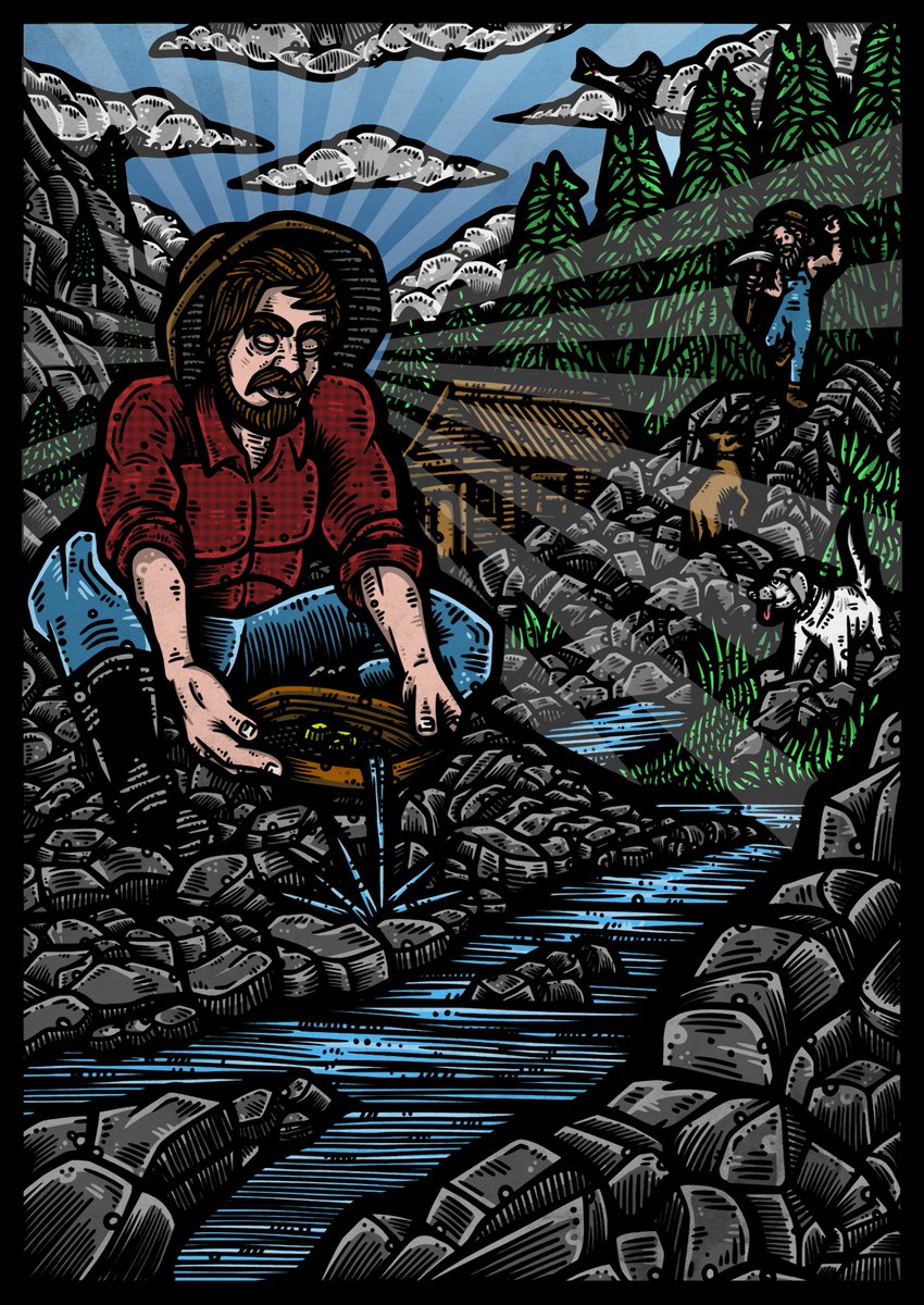 made this design inspired from my time at @unccharlotte , my placement in the PNW @ @WSUPullman x @SlcrWsu 

#goldminer #uncc #goniners #stakeyourclaim #wsu #pnw #pacificnorthwest #history #california #miner #golddigger #illustration #woodblockprint #woodblock