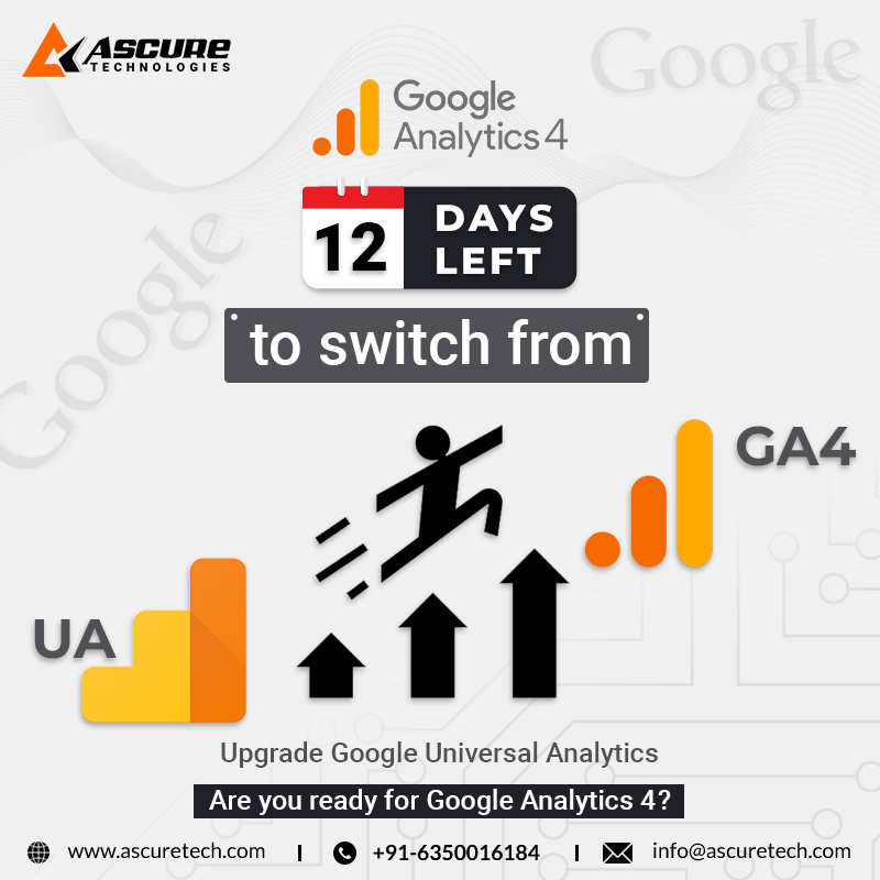 Are you ready for Google Analytics 4?  
.
.
To avoid losing any of your data, Ascure Technologies will assist to upgrade from Universal Analytics to GA4 just get in touch!   

#ascure #ascuretech #GA4 #googleanalytics4 #universalanalytics #googleupdates #1july