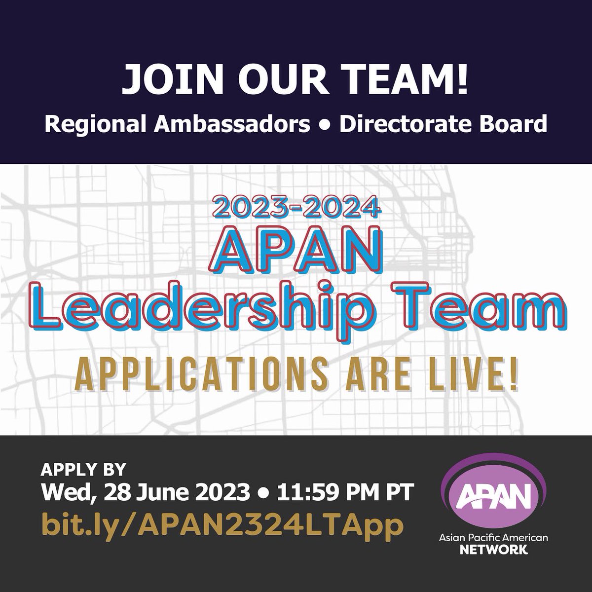 APAN <a href="/ACPA/">ACPA</a> is excited to welcome folx to serve our #APIDA community thru our lead team!

📣 App in bio &amp; due 11:59 PM PT • 28 Jun 2023

Questions? Contact APAN Co-Chairs at cma_apan@acpa.nche.edu

#APAN37 #APIDA #APIDALeadership
#APIDANextGen #APIDAPlus #МуАСРА
#ACPA24