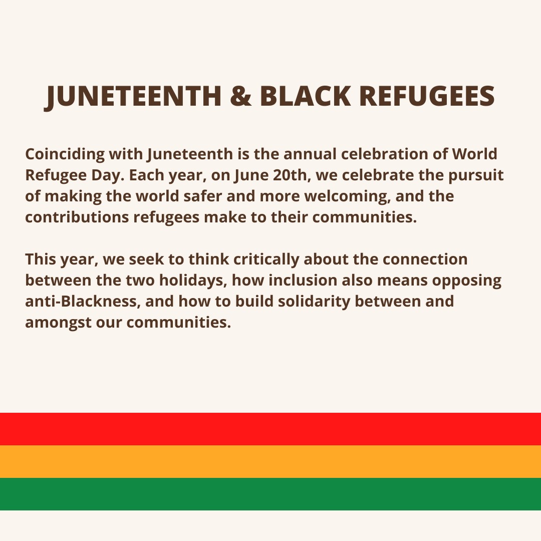 While the stories of Black Americans &amp; Black refugees &amp; asylum seekers may differ, the pursuit of liberation is universal.

This #Juneteenth &amp; #WorldRefugeeDay, join us in celebrating the beauty &amp; resilience of Black communities &amp; vowing to continue resisting racial injustice.