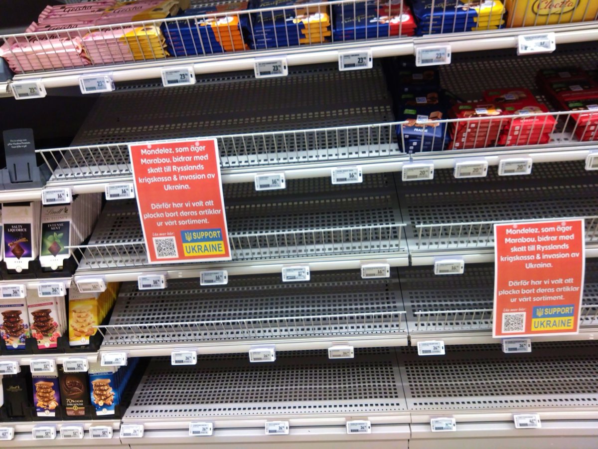🇸🇪 In Sweden, several companies and stores have refused to sell products from Mondelez, a company still operating in Russia.

In Swedish supermarkets, information notices appeared near the company's products stating that Mondelez International still has a branch in the Russian