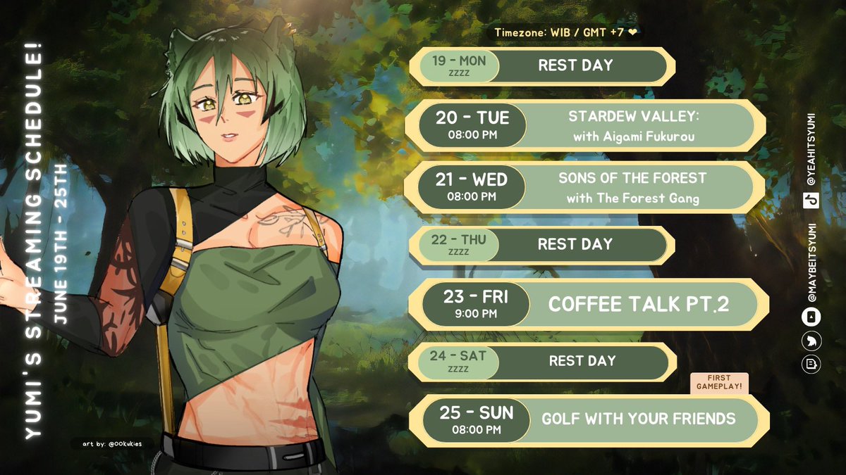 ✨WEEKLY SCHEDULE ✨
— JUN 19th - 25th 2023

Hehe told yaaa we’re going to revisit Coffee Talk! Super excited to play some games with streamer fwends as well! Come join us when you wanna chill, okie? ☺️✨

🟣 Twitch: maybeitsyumi
🔴 Youtube: MaybeitsYumi
⚫️ Tiktok: yeahitsyumi