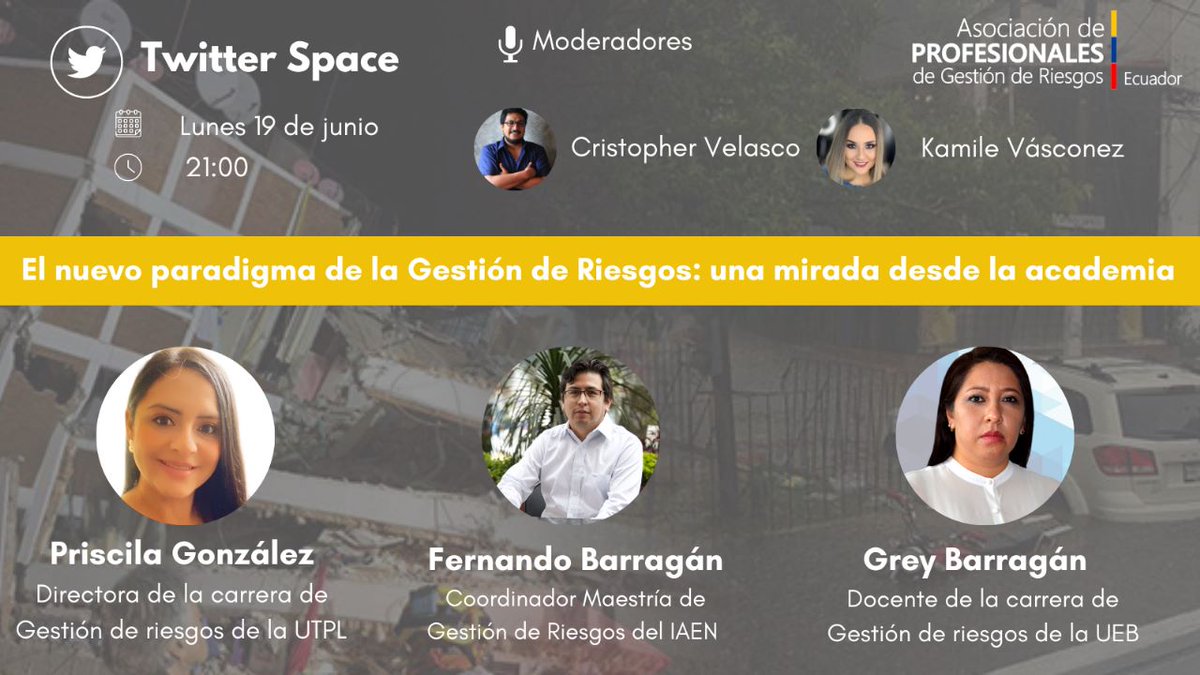 AsoGdR_Ec's tweet photo. #RiesgosSpace | Espacio de reflexión multisectorial de la gestión de riesgos.

🔴 Hoy a las 21:00 
🆘El nuevo paradigma de la  #GestióndeRiesgos.

📌 Nuestros panelistas: @Amelita86, @fbogeo  y @greybarragan 

📌Modera: @cris_velasco3 y @KamiVasconez 

¡Los esperamos!😉 https://t.co/6psSvnySYu