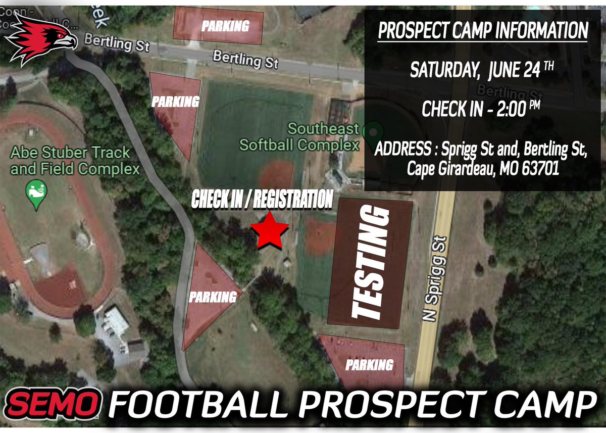 Less than a week till our first Prospect Camp! Due to construction on Houck Field we will be hosting camp at the SEMO Intramural Complex. 

Date: June 24th 
Check In: 2:00pm 
Location: 1101 Bertling St, Cape Girardeau, MO 63701

Get signed up today!! 

info.abcsportscamps.com/semofb