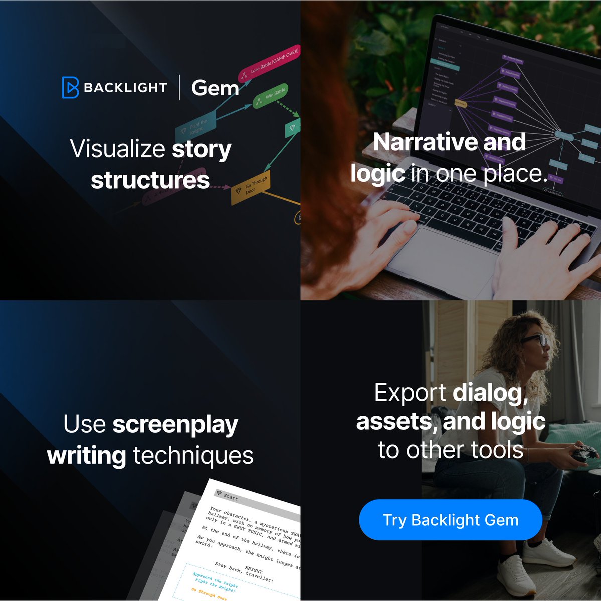 Bring clarity to stories, teams, and pipelines with Backlight Gem, the powerful narrative management system for interactive storytelling. ow.ly/ZRcT50OQeLq #NarrativeDesign #InteractiveStorytelling