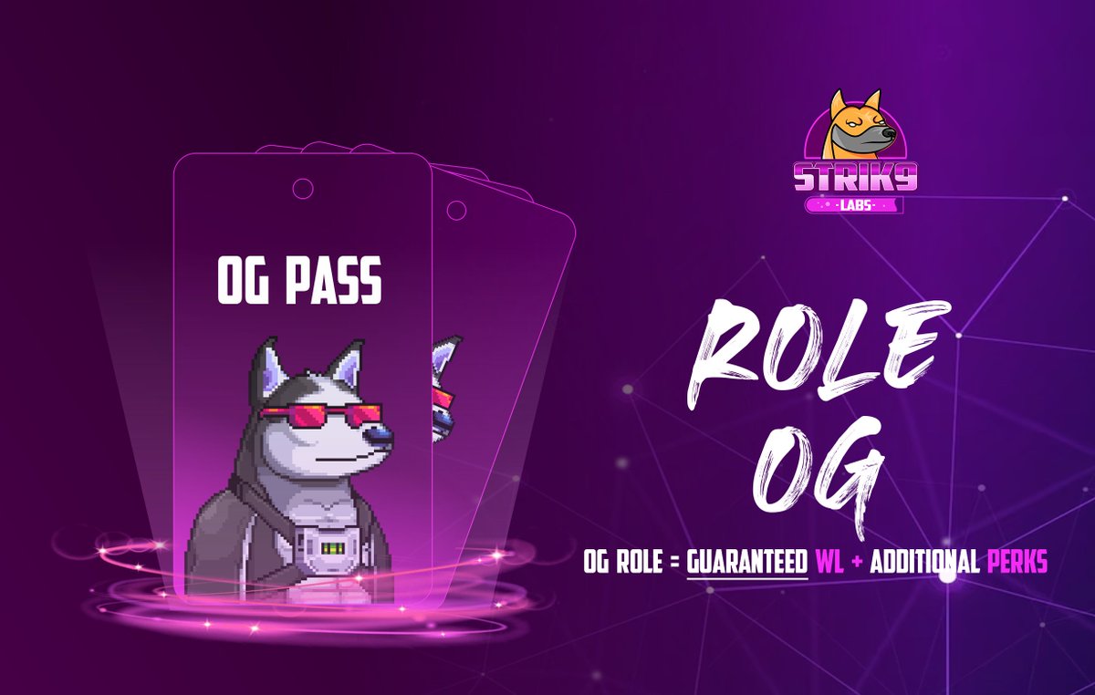 Strik9LabsNFT's tweet photo. 📢 Today we reveal the anticipated perks for OGs. FREE Mints!

OG role = 1 Free Mint + WL💜

Missed out? Here's a 2nd chance. We're raffling 10 additional OG roles below. 👇

🟪 Like &amp; RT 
🟪 Tag a friend 
🟪 Join our Discord: https://t.co/bCaYE40UpS

Good luck! ✌️🐾 https://t.co/PMoyXJ7E3F