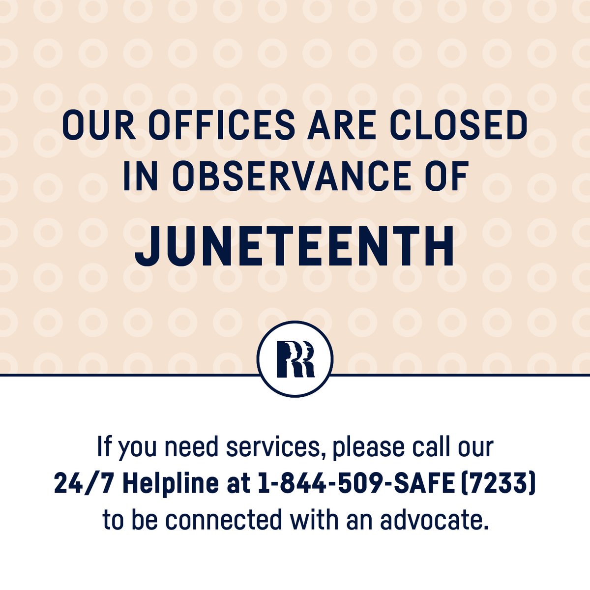 RuralVictimHelp's tweet photo. Our offices are closed today in observance of Juneteenth. For more information about this newest federal holiday, please visit https://t.co/sF2UW3yoy2. As always, services are available via our 24/7 helpline at 1-844-509-SAFE (7233). https://t.co/q8ksgUlEJ3