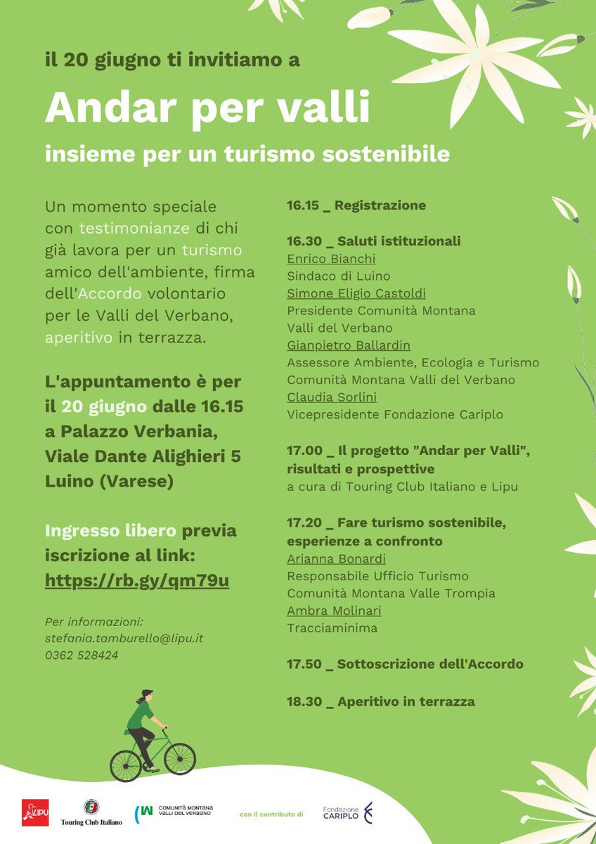 Vi aspettiamo domani a Luino per parlare di #turismo sostenibile! 🌳🚲🌳 Evento e rinfresco gratuiti, per iscriversi: eventbrite.it/e/biglietti-an…