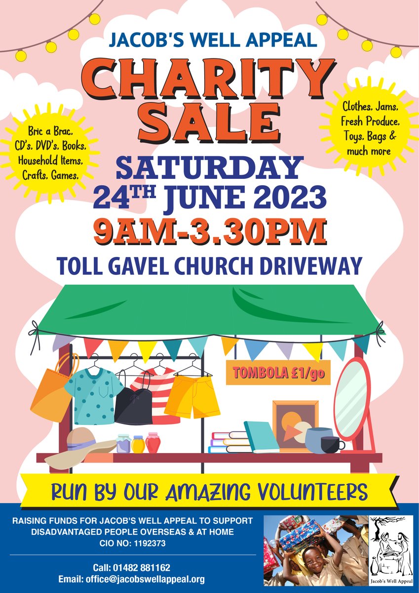 Our next Charity Sale in Beverley is this Sat (24th) at Toll Gavel Church Driveway. Loads of items/bargains. Please help us raise valuable funds to support the humanitarian work we do...also to support our amazing Volunteers.