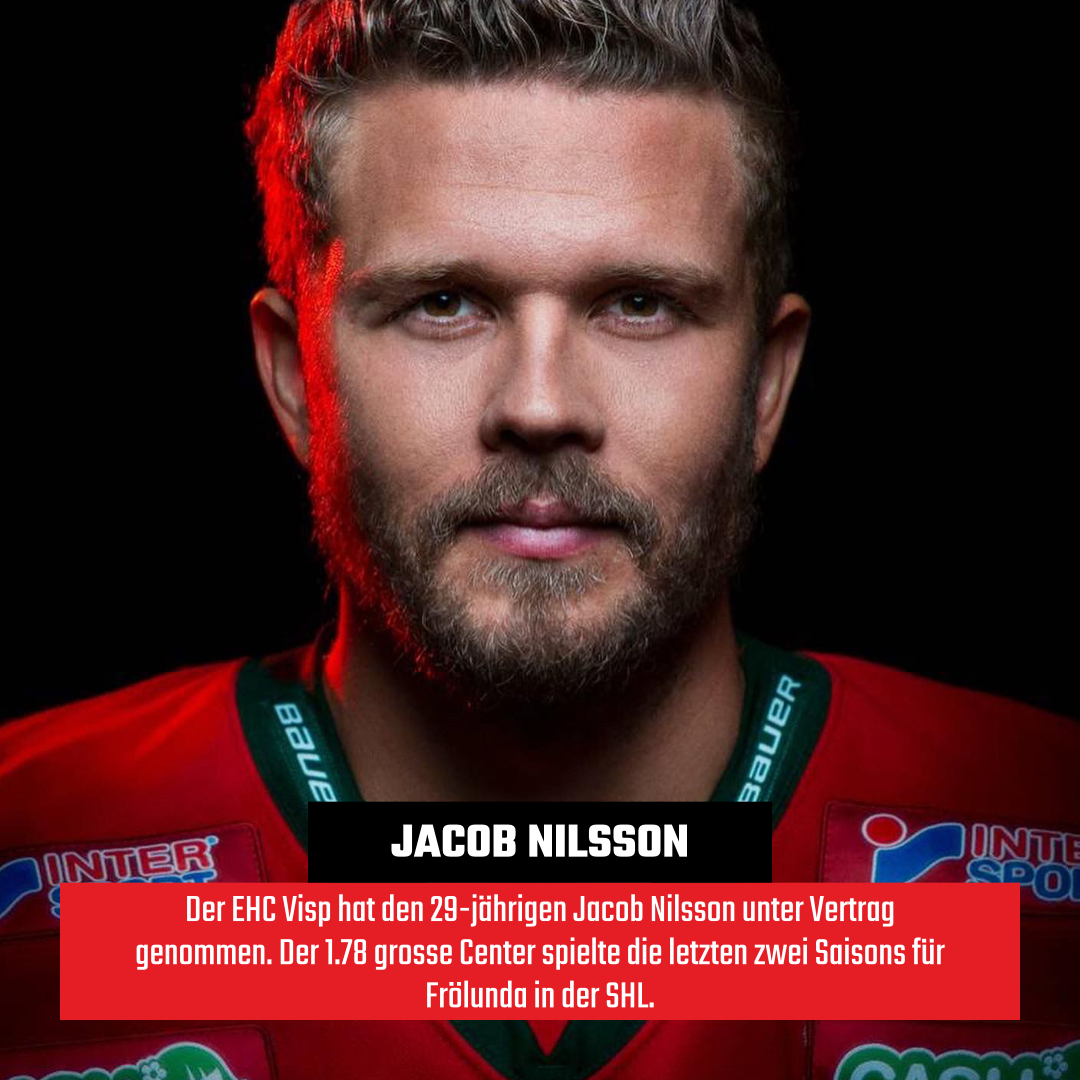 Jacob Nilsson unterschreibt 2 Jahre in Visp - 
Der EHC Visp hat den 29-jährigen Jacob Nilsson unter Vertrag genommen. Der 1.78 grosse Center spielte die letzten zwei Saisons für Frölunda in der SHL: ehc-visp.ch/de/news/jacob-…