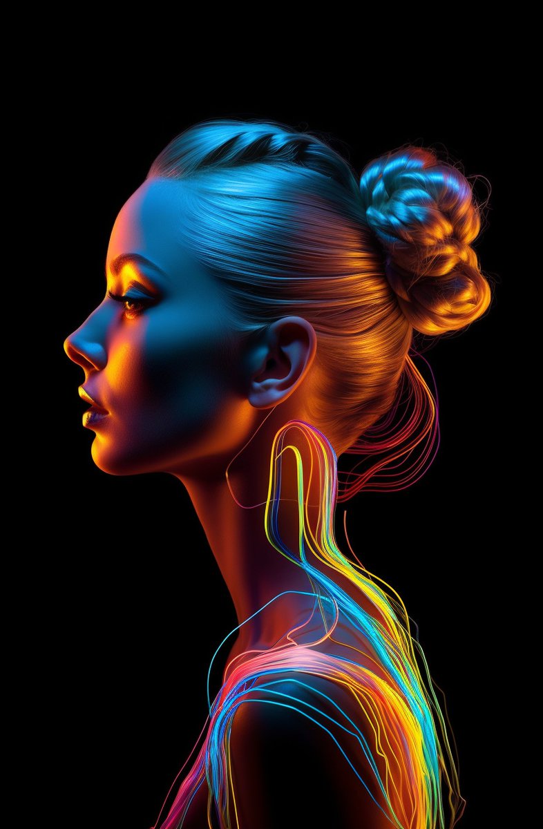 A neon glowing female profile on a black background, with bold shadows and ethereal vibes. Airbrush art meets Daz3D 🎨 #midjourney #AIArtworks #neonart #etherealportraits. 
👉 #Prompt in Alt.