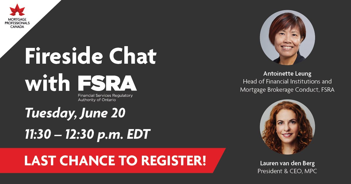 MortgageProsCan's tweet photo. This is your last chance to register for our virtual fireside chat with our CEO @LaurenAvdB and @FSRA_News's Antoinette Leung and Jelena Pejic about the new Ontario licensing requirements.
Register today: https://t.co/EMzXDhRt4M
#MortgageProfessionals #FSRA #MyMPC https://t.co/NR7waIadoF