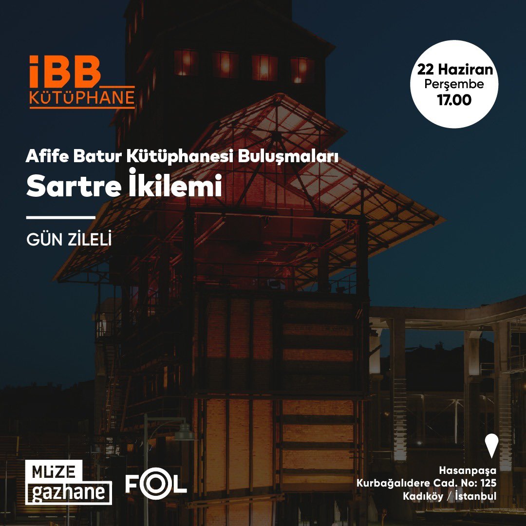 Afife Batur Kütüphanesi, bu hafta Gün Zileli’yi ağırlıyor. Sartre’ın ‘suskunluğu’ ve dönemin varoluşçularının ikilemlerini konuşacağımız söyleşiye davetlisiniz. @MuzeGazhane , T Atölye #ibbkütüphane #afifebaturkütüphanesi