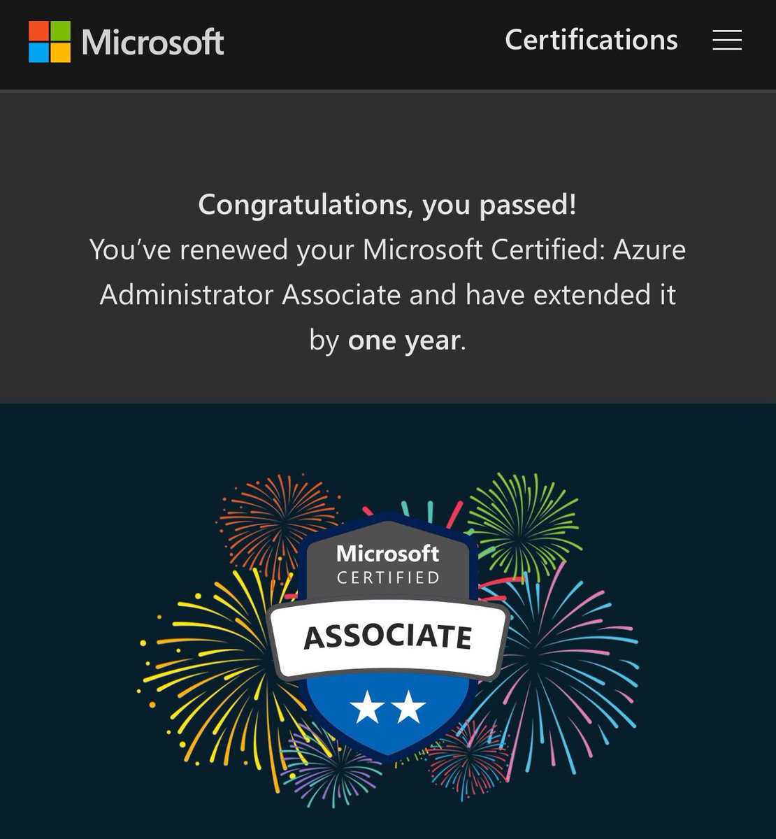 Just renewed my Microsoft Certified: Azure Administrator Associate!

#Microsoft #Azure #MCTBuzz #MicrosoftAdvocate #MicrosoftLife