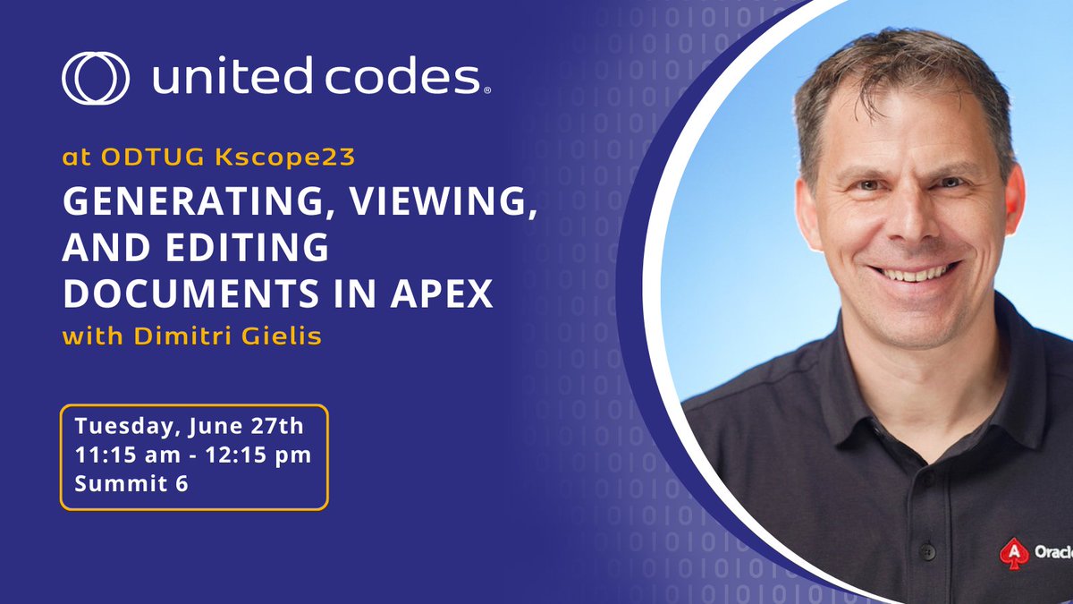 Attending @ODTUG #Kscope23?

Find out how to make Office and PDF documents ✨shine✨ in your Oracle APEX applications.

<a href="/dgielis/">Dimitri Gielis</a> demonstrates how <a href="/apexofficeprint/">APEX Office Print (AOP)</a> and <a href="/APEXOfficeEdit/">APEX Office Edit</a> make it easy!    

Get all the info and register at kscope23.odtug.com

#orclapex