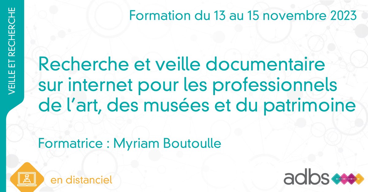 Une nouvelle formation à destination des professionnels de la culture, du 13 au 15 novembre 2023. En distanciel. Formatrice : <a href="/myriamboutoulle/">Myriam Boutoulle</a>, journaliste à "Connaissance des arts", intervenante pédagogique à l’École du Louvre.
Infos, inscriptions 👉 adbs.fr/formations/rec…