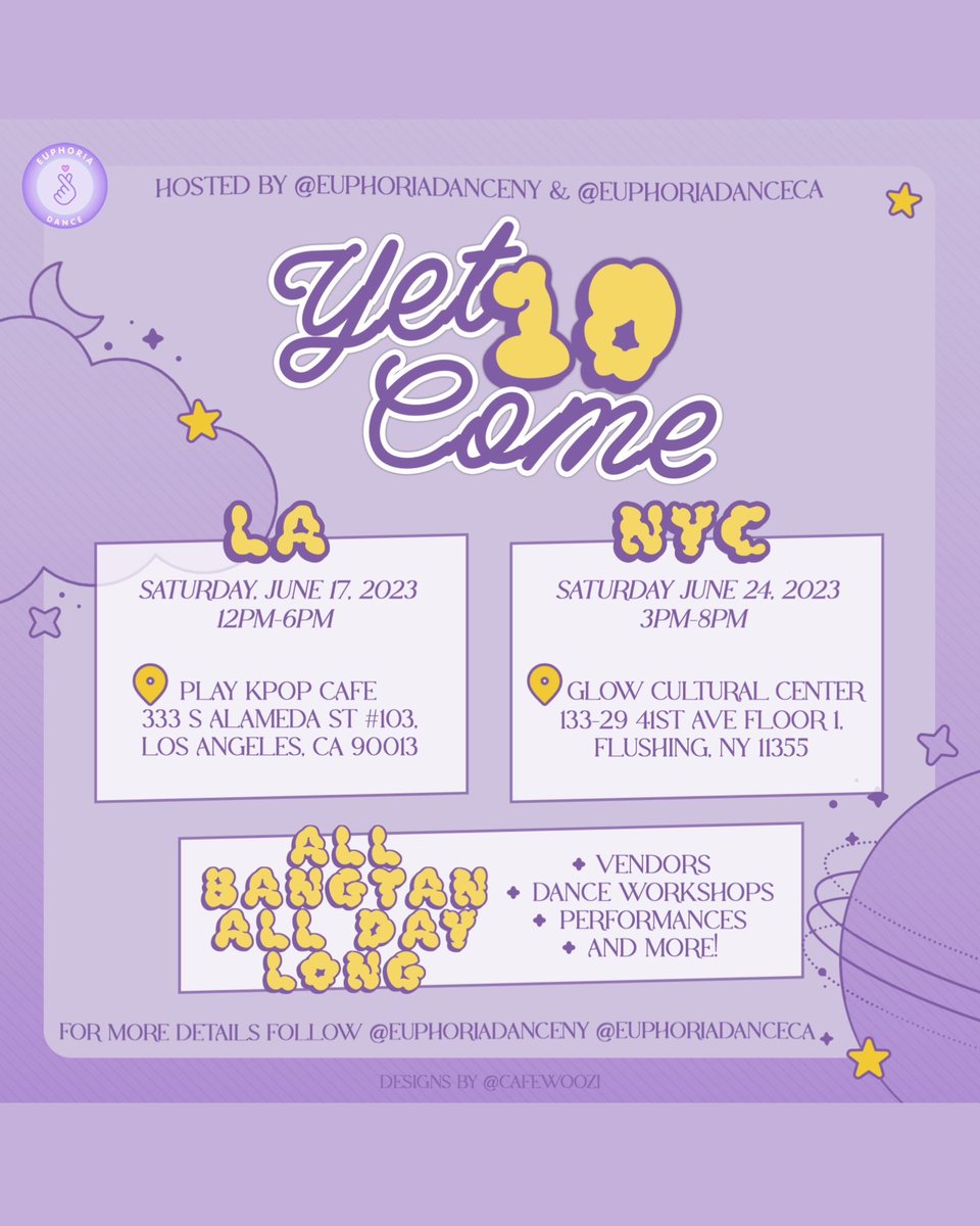 Introducing our vendors for Euphoria Dance’s Yet 10 Come in NYC!!☁️✨
 
⭐️RSVP and Pre-Order at euphoriadanceny.com

⭐️ RSVPs do not guarantee pre-order tiers.

#bts #BTSARMY #btsfesta #방탄소년단 #2023BTSFESTA #BTS10thAnniversary