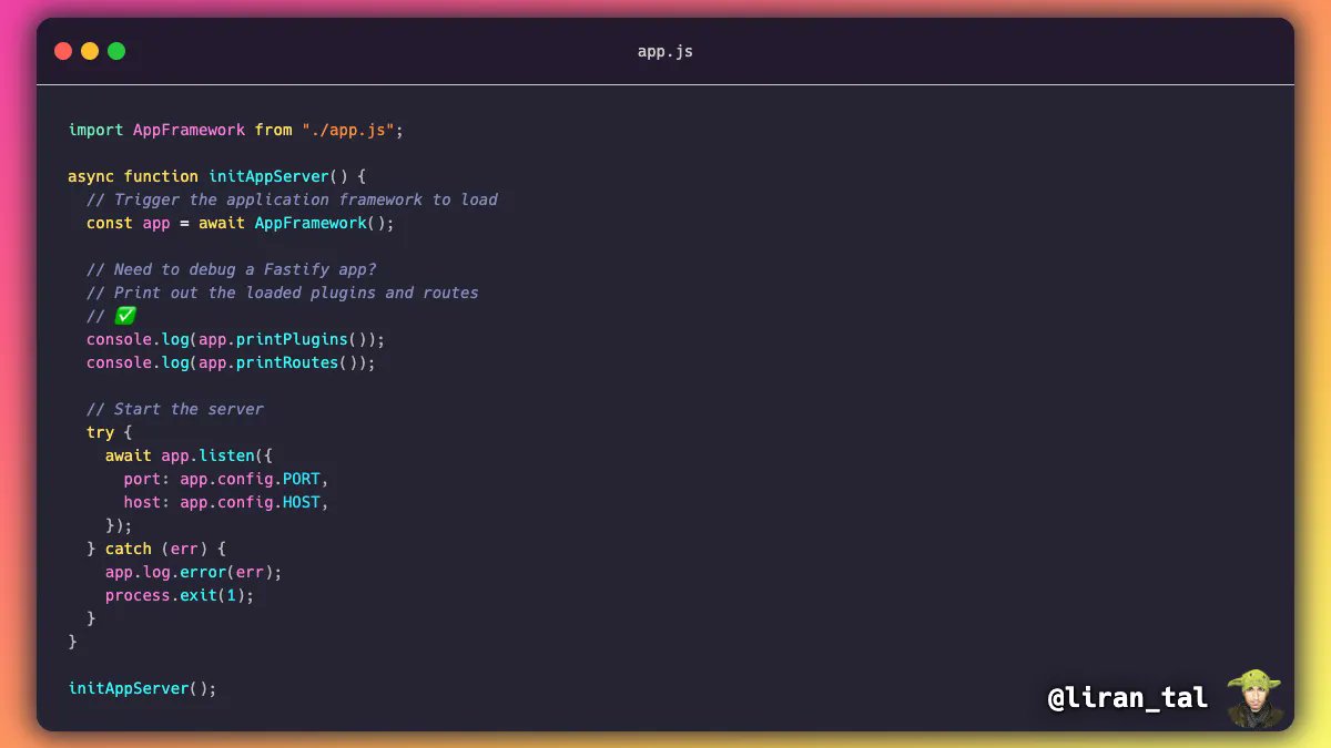 liran_tal's tweet image. Not sure how plugins or routes are loaded and need to debug your Fastify application?
Fastify includes a printRoutes() and printPlugins() helper methods that help make sense of it all ;-)
#100DaysOfJavaScript #NodeJS
