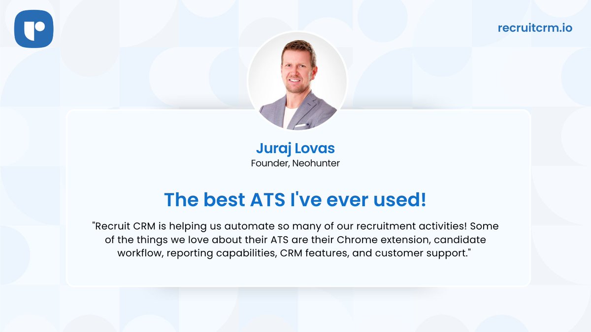 Check out how Juraj Lovas, Founder of Neohunter, is amazed by our software's intuitive features and hands-on customer support. Thanks for the love, Juraj! 💙

#RecruitCRM #recruitingtechnology #customerreviews #hiringsoftware