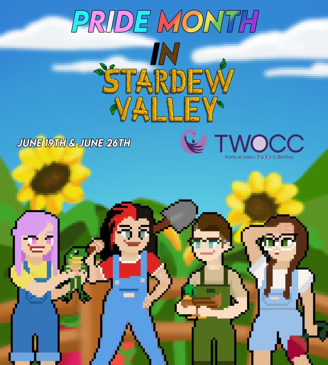 jragonxx's tweet photo. Today we’re celebrating Pride month w/ a Stardew Valley co-op farm! We hope you join us in celebrating &amp; uplifting the LGBTQIA+ community through our chaotic farming by choosing how our farm progresses while supporting &amp; raising money for The Trans Women of Color Collective 🏳️‍🌈 https://t.co/vzxdvQfPAW