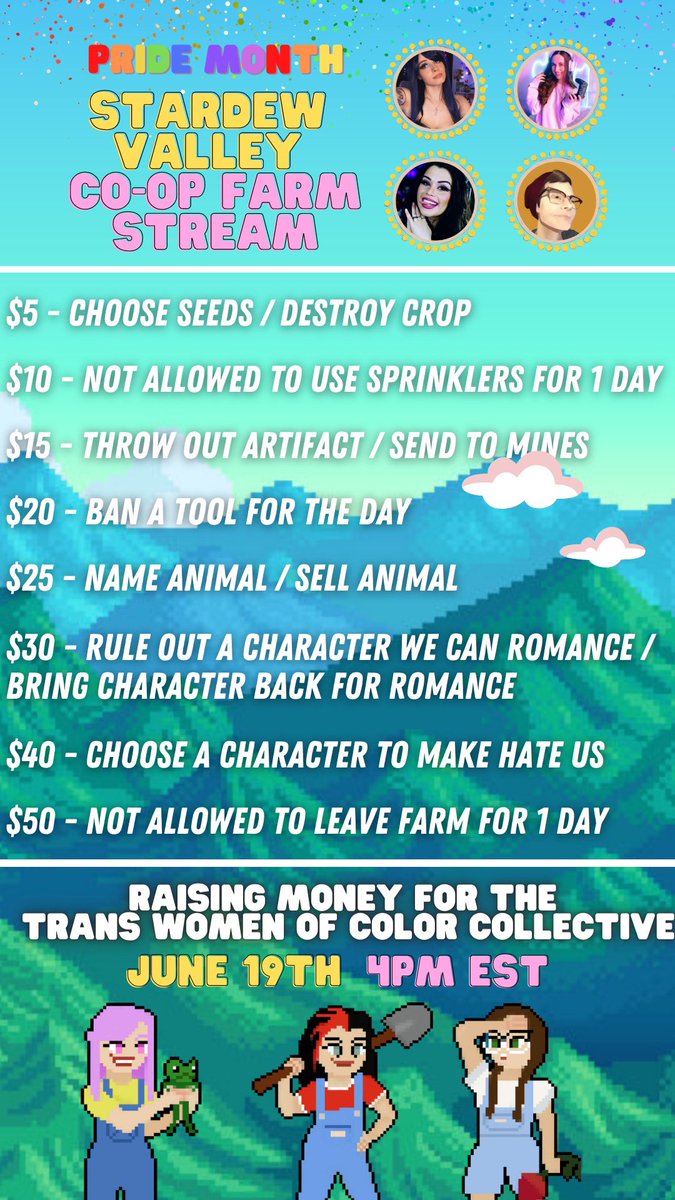 jragonxx's tweet photo. Today we’re celebrating Pride month w/ a Stardew Valley co-op farm! We hope you join us in celebrating &amp; uplifting the LGBTQIA+ community through our chaotic farming by choosing how our farm progresses while supporting &amp; raising money for The Trans Women of Color Collective 🏳️‍🌈 https://t.co/vzxdvQfPAW
