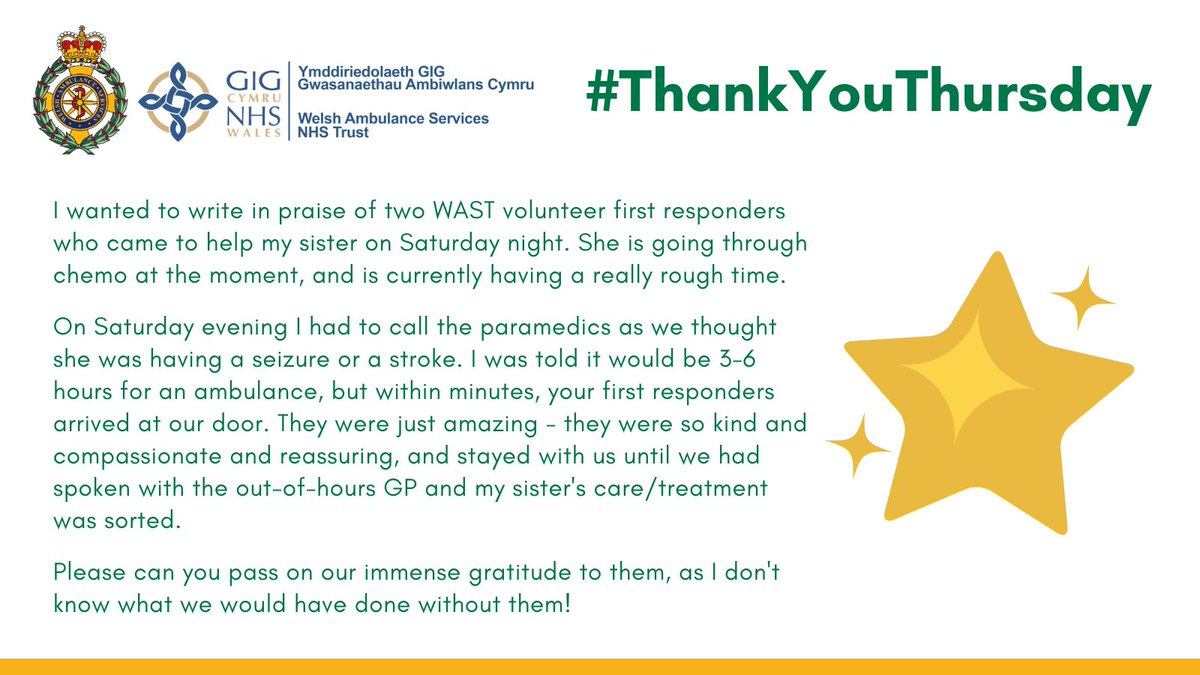 Thanks are shared for two volunteer First Responders @WelshAmbulance in this week's #ThankYouThursday.

The sister of a patient shares her 'immense gratitude' for the Mumbles-based duo and their kindness, compassion and reassurance. 

#RemarkablePeople #NHSHeroes #TeamWAST