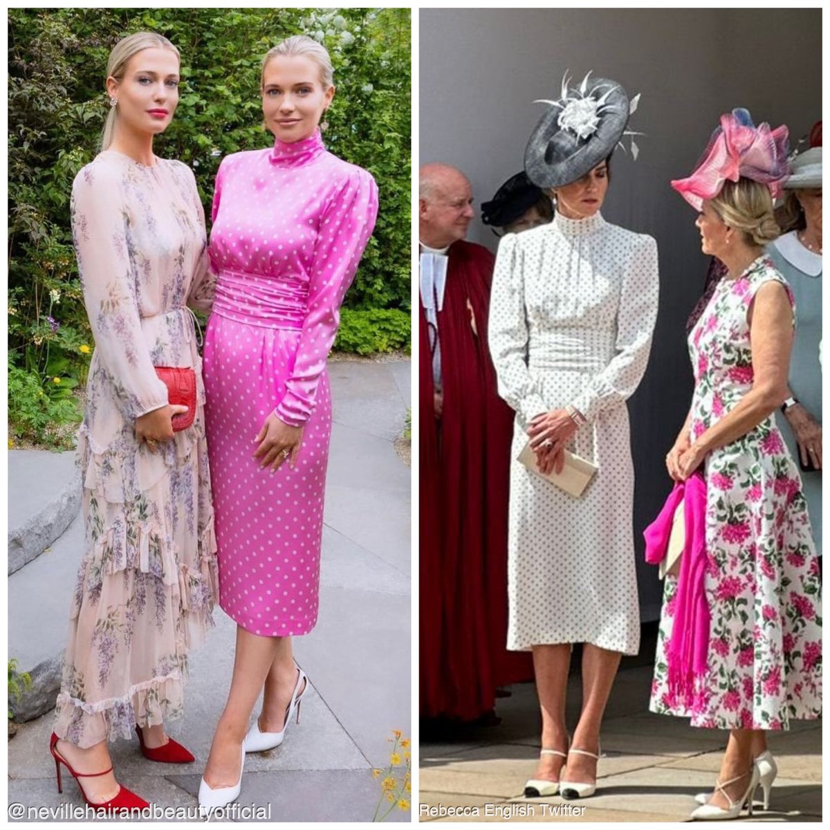 The Princess of Wales (Order of the Garter) and Eliza Spencer (Chelsea Flower Show) wearing the same Alessandra Rich dress in different colors. bit.ly/443lpNe
