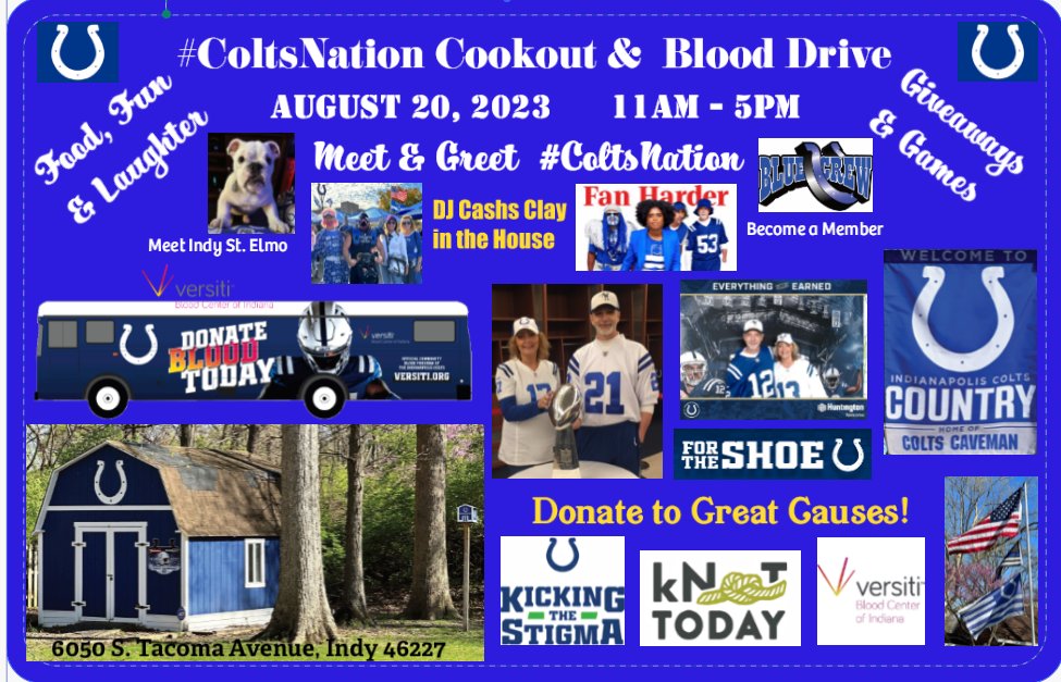 Looking for something to do on August 20th? Why not hang out at my house, meet #ColtsNation ! Tour the #ColtsCave ! We're providing food & fun! DJ CASHSCLAY (@LegionofBlue ) slinging the tunes! Bring drinks & chairs. Sign up to save a life here:
donate.indiana.versiti.org/donor/schedule…