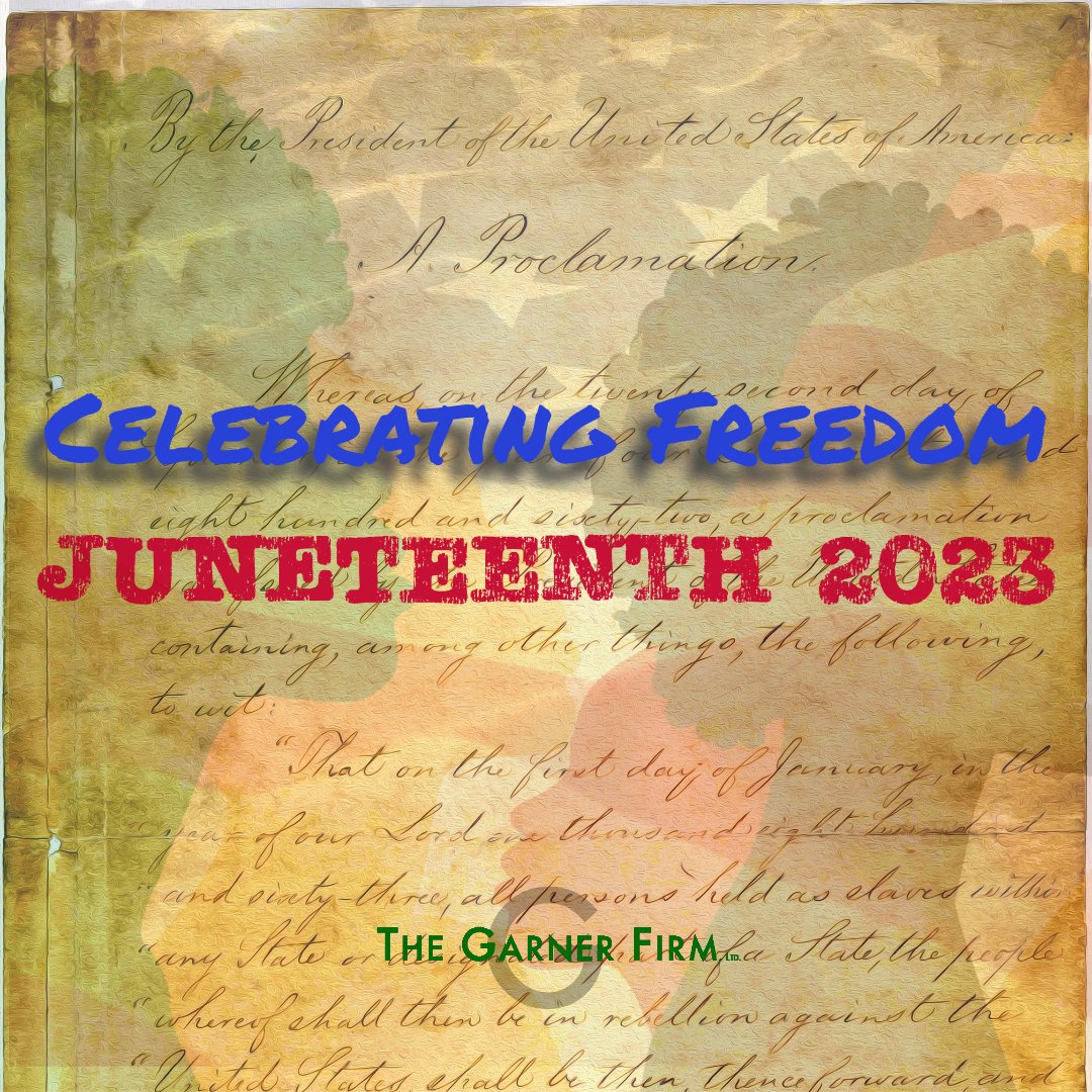 GarnerFirm's tweet photo. Our office is closed today in joyful observance of Juneteenth. The struggle for freedom and securing the inalienable rights of life, liberty, and the pursuit of happiness continues. https://t.co/SANt2Nw4Dn https://t.co/H7jqx6sUPD https://t.co/k59TeP89nV https://t.co/UIM78ZWen8 https://t.co/uP7JlWM7LU