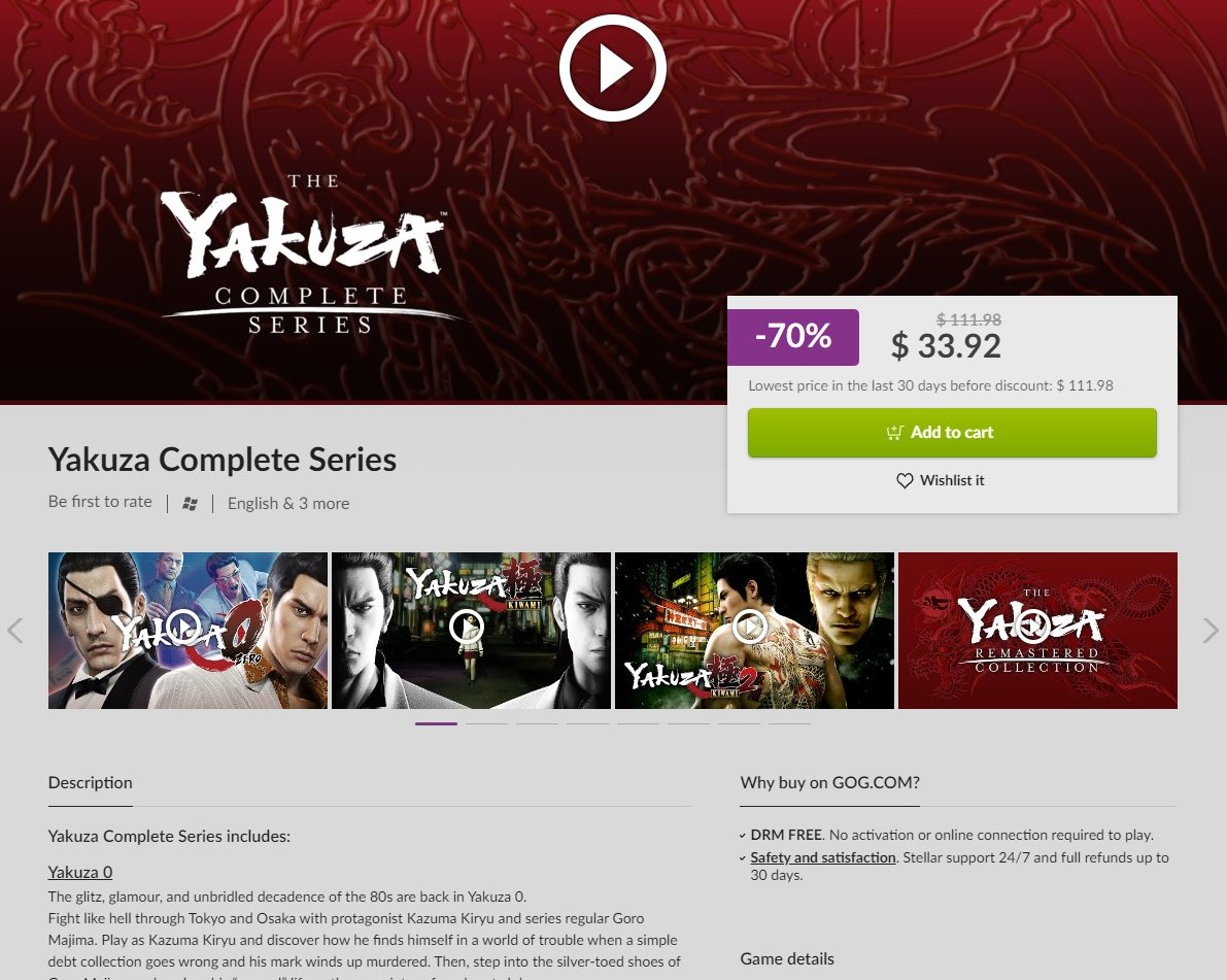 YongYea's tweet photo. The complete Yakuza 1-6 series is available DRM-free on GOG for $33.92. That's a couple dollars more than a single Diablo 4 cosmetic armor set and about 1.5X the price of a single Overwatch 2 legendary skin. https://t.co/7zsu4fabim