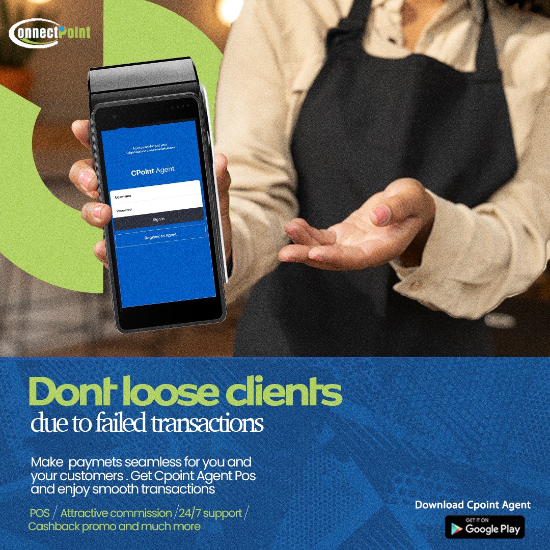 ConnectPoint4's tweet image. Don't loose clients due to failed transactions. Get the Cpoint Agent POS and enjoy seamless payment every day.

Join the team today and get a Cpoint POS and make seamless transactions for you and your customers.
#Cpointagentaroundyou
#becomeacpointagent
#Makeseamlesspayment