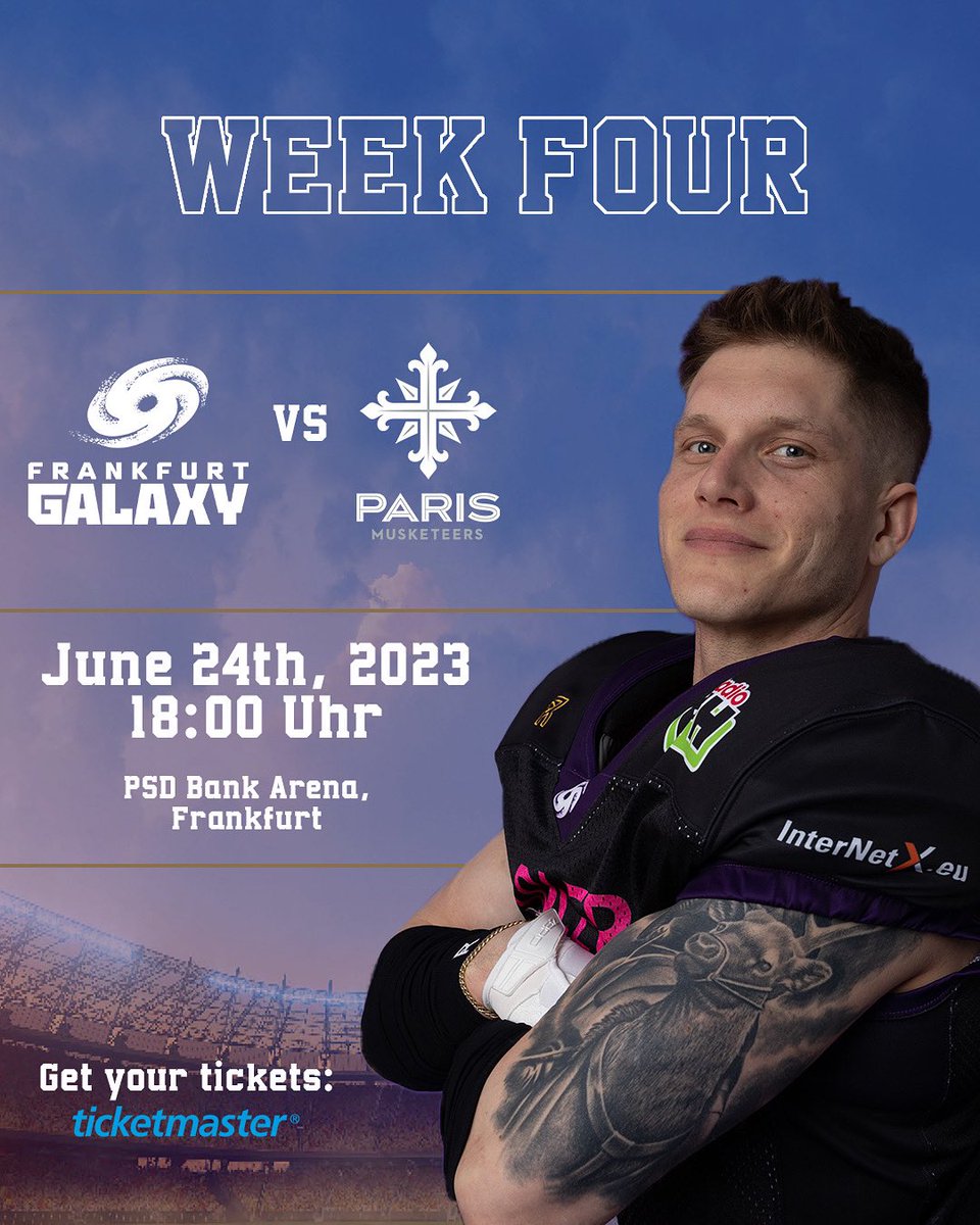 Back in the purple hell this weekend 😈

🚨GAMEWEEK 4🚨

🆚 @parismusketeers 
🗓️ 24.06.23 
⏰ 18:00Uhr
📍PSD Bank Arena, Frankfurt
🎟️ Grab your Tickets through the link below! 

#FrankfurtGalaxy #PurpleFamily #weekfour #AmericanFootball #BacktotheGalaxy